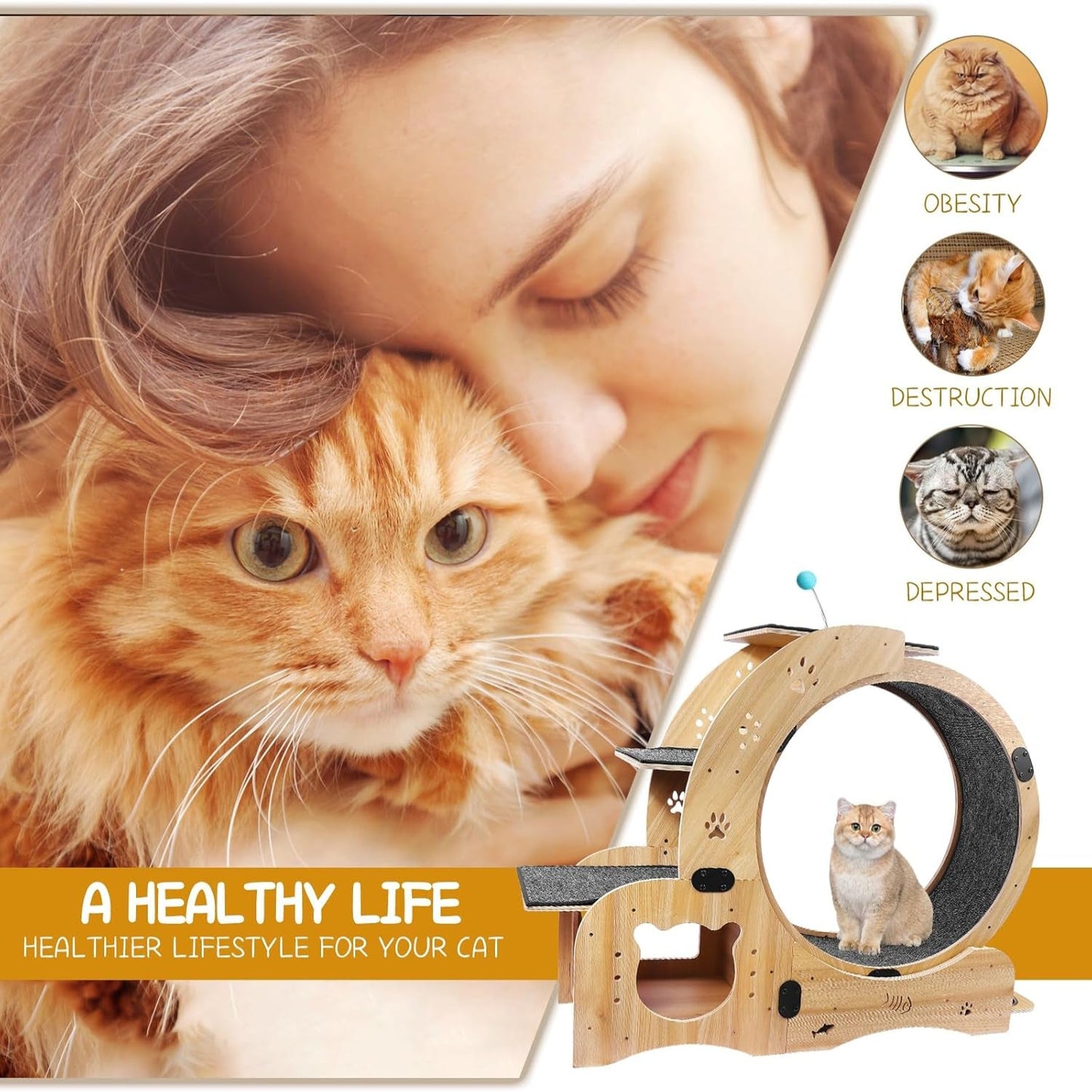 Cat Running Wheel,Cat Treadmill for Indoor Cats,Exercise Wheel Wood Climbing Frame,55''Oversized Roller Indoor Activity Center,Large (6-In-1)