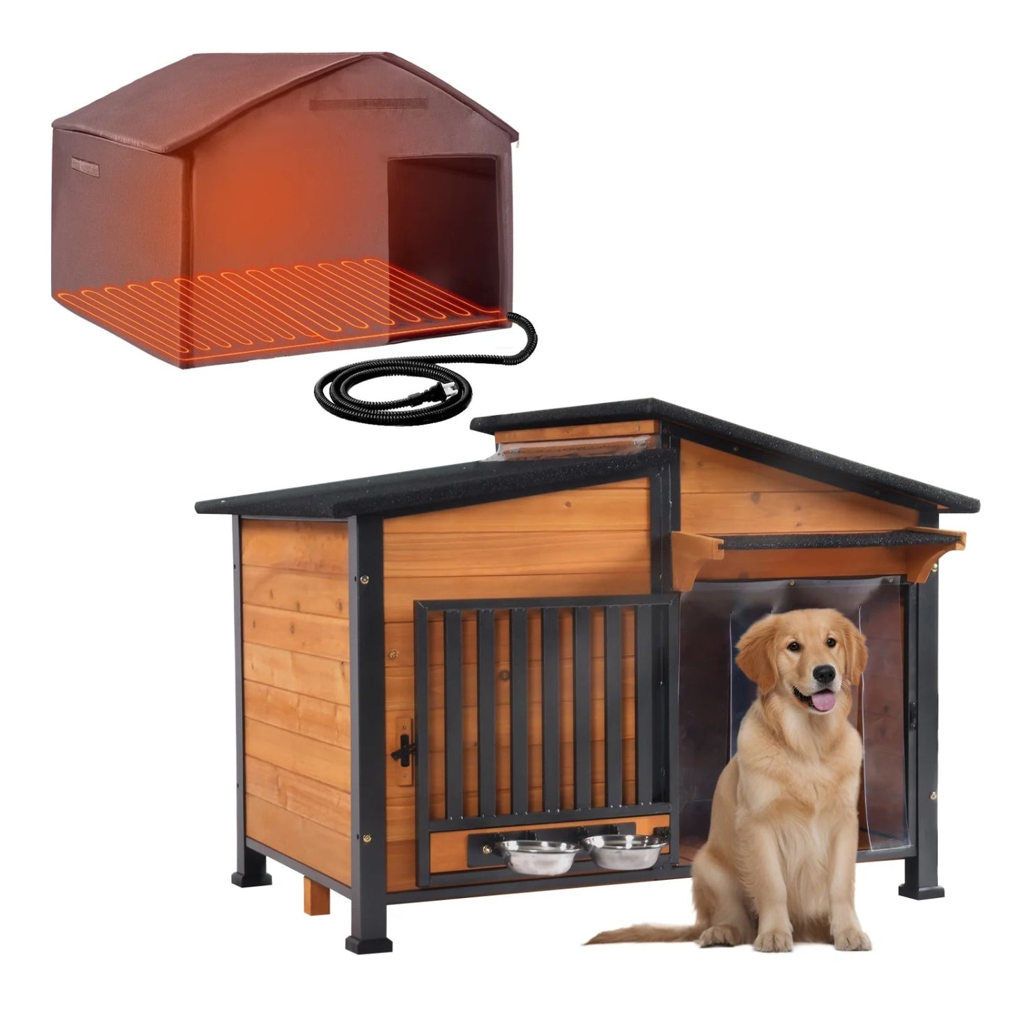Heated Dog House with Heating Pad & Anti-Chewing Metal Frame, Insulated Wooden Dog Kennel with Unique Design Roof, Weatherproof Dog House for Indoor & Outdoor Use