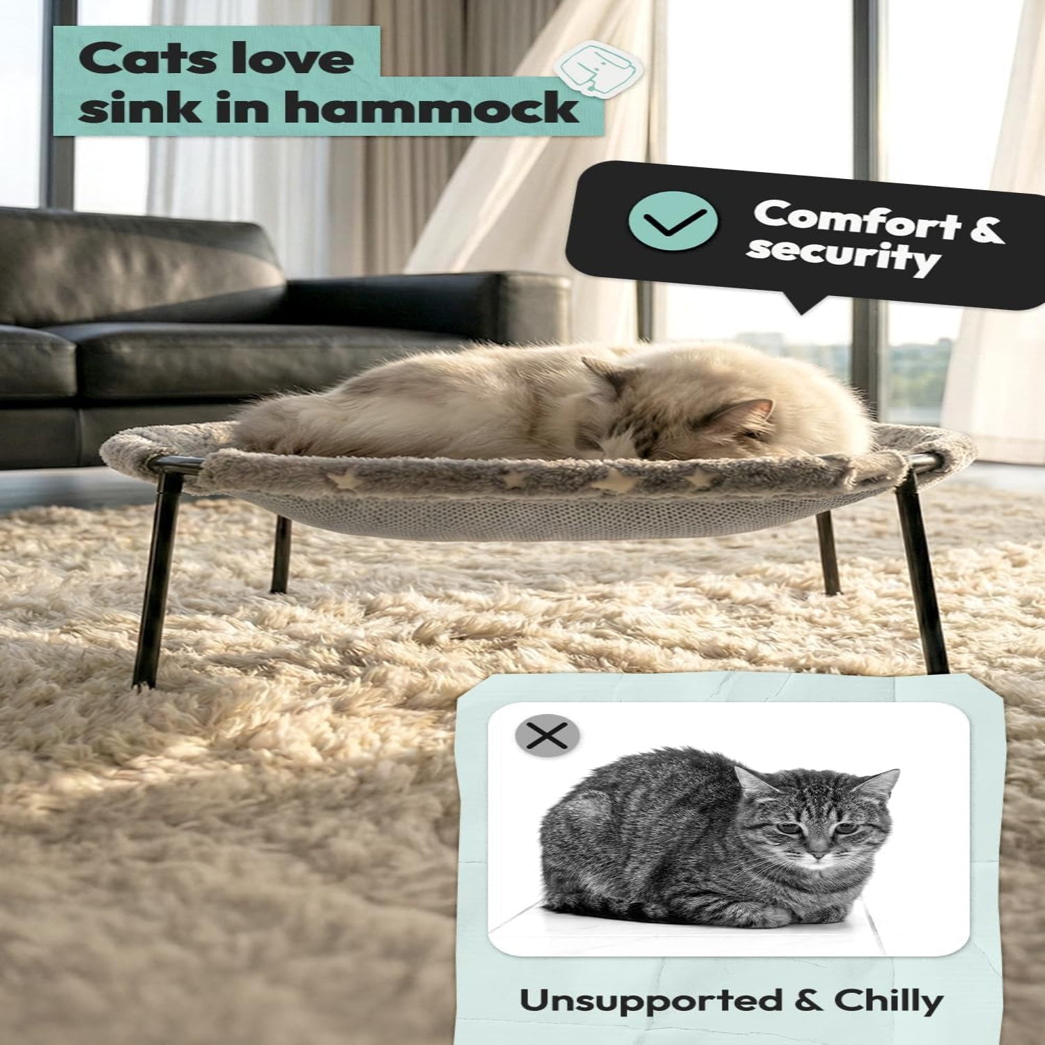 Elevated Cat Bed, Glow-In-The-Dark Fabric Cat Hammock Bed for Large Indoor Cats, Machine Washable & Breathable Cover, Tool Free Easy Assembly, up to 66Lbs (Gray, L)