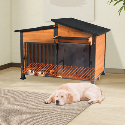 Heated Dog House with Heating Pad & Anti-Chewing Metal Frame, Insulated Wooden Dog Kennel with Unique Design Roof, Weatherproof Dog House for Indoor & Outdoor Use