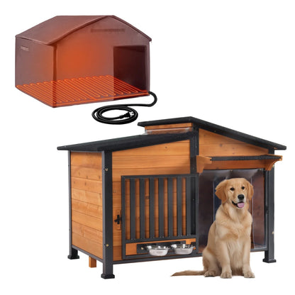 Heated Dog House with Heating Pad & Anti-Chewing Metal Frame, Insulated Wooden Dog Kennel with Unique Design Roof, Weatherproof Dog House for Indoor & Outdoor Use