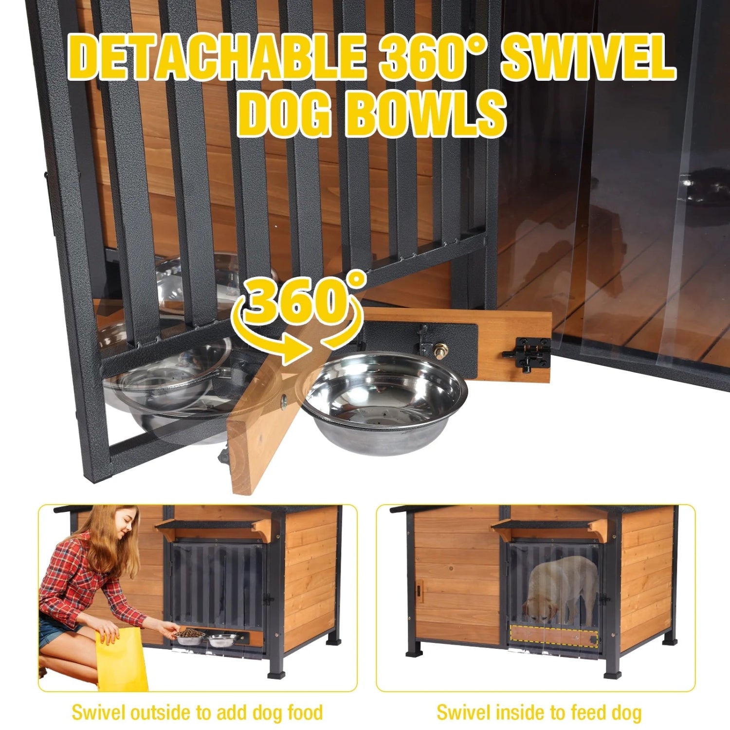 Heated Dog House with Heating Pad & Anti-Chewing Metal Frame, Insulated Wooden Dog Kennel with Unique Design Roof, Weatherproof Dog House for Indoor & Outdoor Use