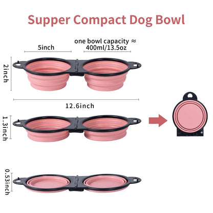 SLSON Collapsible Dog Dual Bowls Reinforced Rim 180 Degrees Flip Over Foldable Double Bowl with Lock Clips More Stable Dog Travel Bowls Pet Food Water Feeder (Light Pink)
