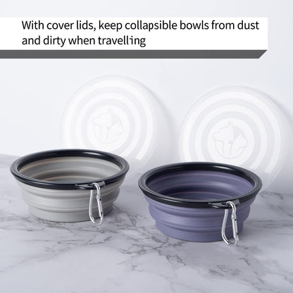 SLSON Collapsible Bowl with Cover Lids,2 Pack Dog Travel Bowls Portable Foldable Cat Water Dish Bowl for Pets Walking Parking Camping (Light Blue and Green, Small)
