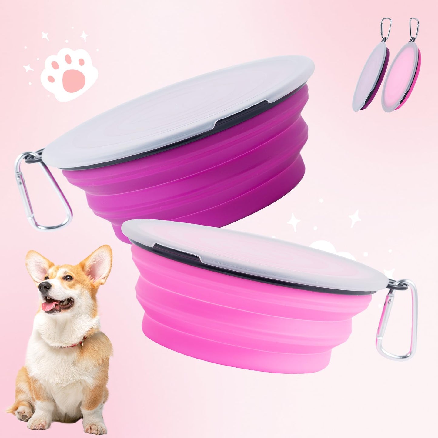SLSON Collapsible Bowl with Cover Lids,2 Pack Dog Travel Bowls Portable Foldable Cat Water Dish Bowl for Pets Walking Parking Camping (Light Blue and Green, Small)