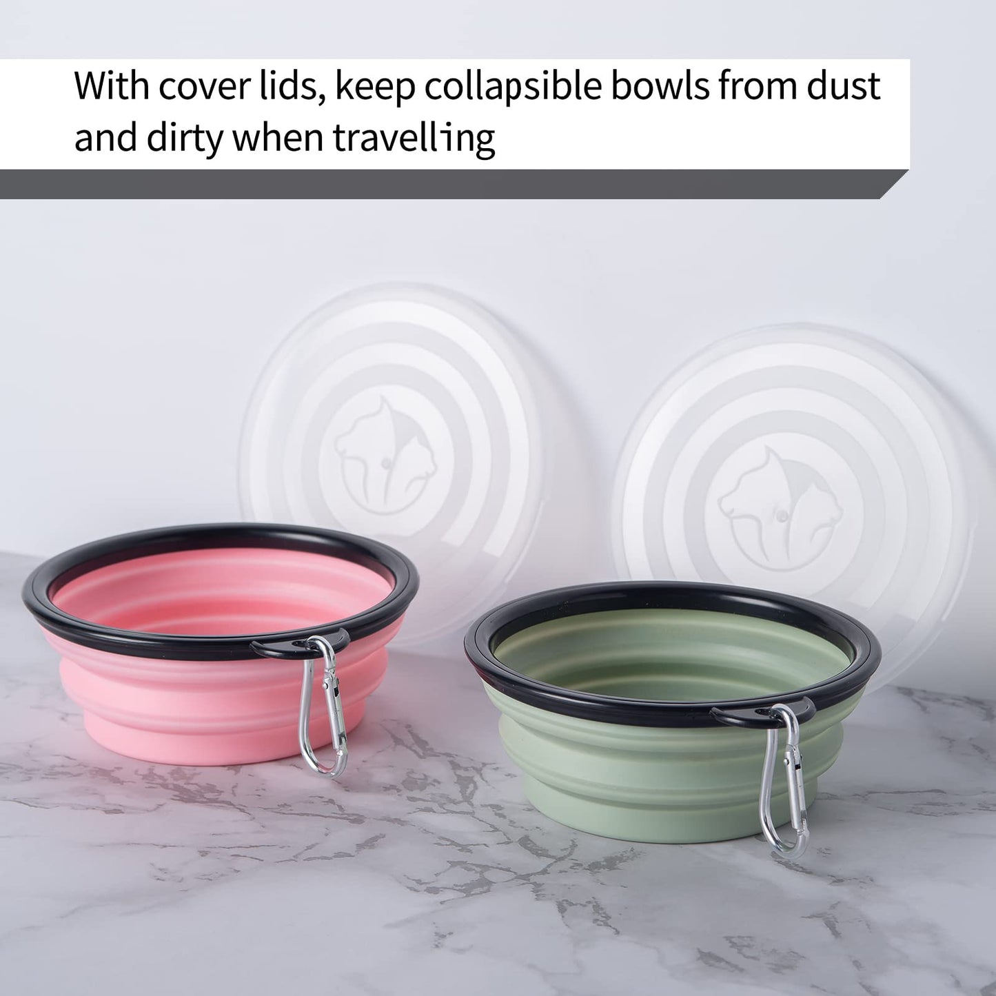 SLSON Collapsible Bowl with Cover Lids,2 Pack Dog Travel Bowls Portable Foldable Cat Water Dish Bowl for Pets Walking Parking Camping (Light Blue and Green, Small)