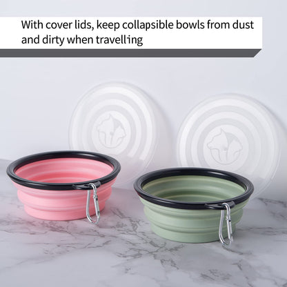 SLSON Collapsible Bowl with Cover Lids,2 Pack Dog Travel Bowls Portable Foldable Cat Water Dish Bowl for Pets Walking Parking Camping (Light Blue and Green, Small)