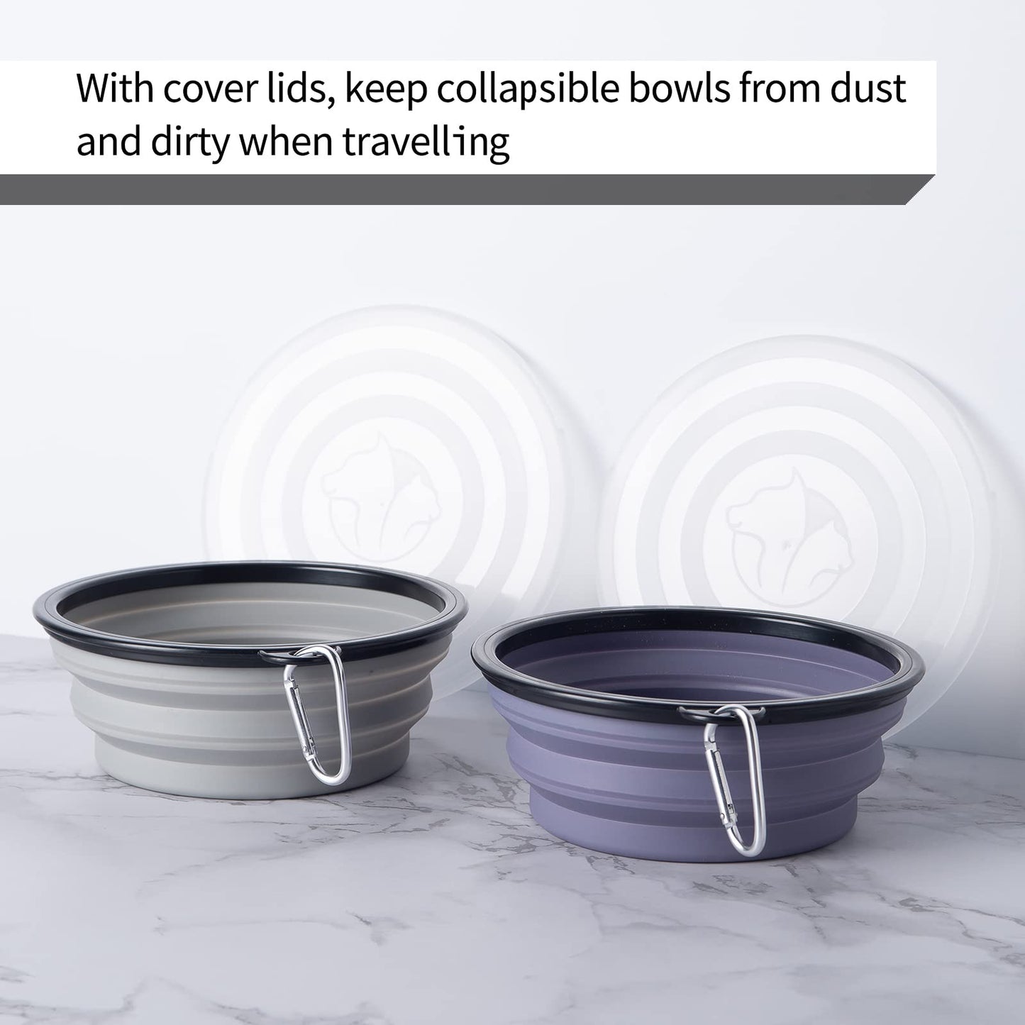 SLSON Collapsible Bowl with Cover Lids,2 Pack Dog Travel Bowls Portable Foldable Cat Water Dish Bowl for Pets Walking Parking Camping (Light Blue and Green, Small)