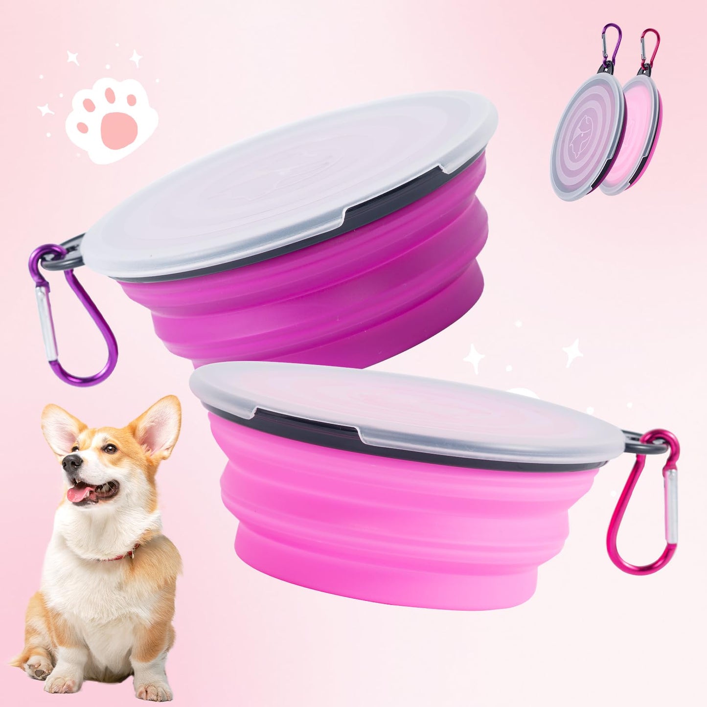 SLSON Collapsible Bowl with Cover Lids,2 Pack Dog Travel Bowls Portable Foldable Cat Water Dish Bowl for Pets Walking Parking Camping (Light Blue and Green, Small)