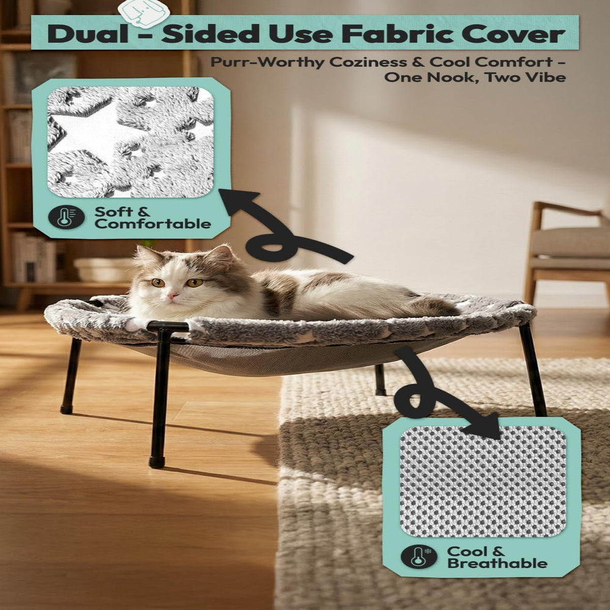 Elevated Cat Bed, Glow-In-The-Dark Fabric Cat Hammock Bed for Large Indoor Cats, Machine Washable & Breathable Cover, Tool Free Easy Assembly, up to 66Lbs (Gray, L)