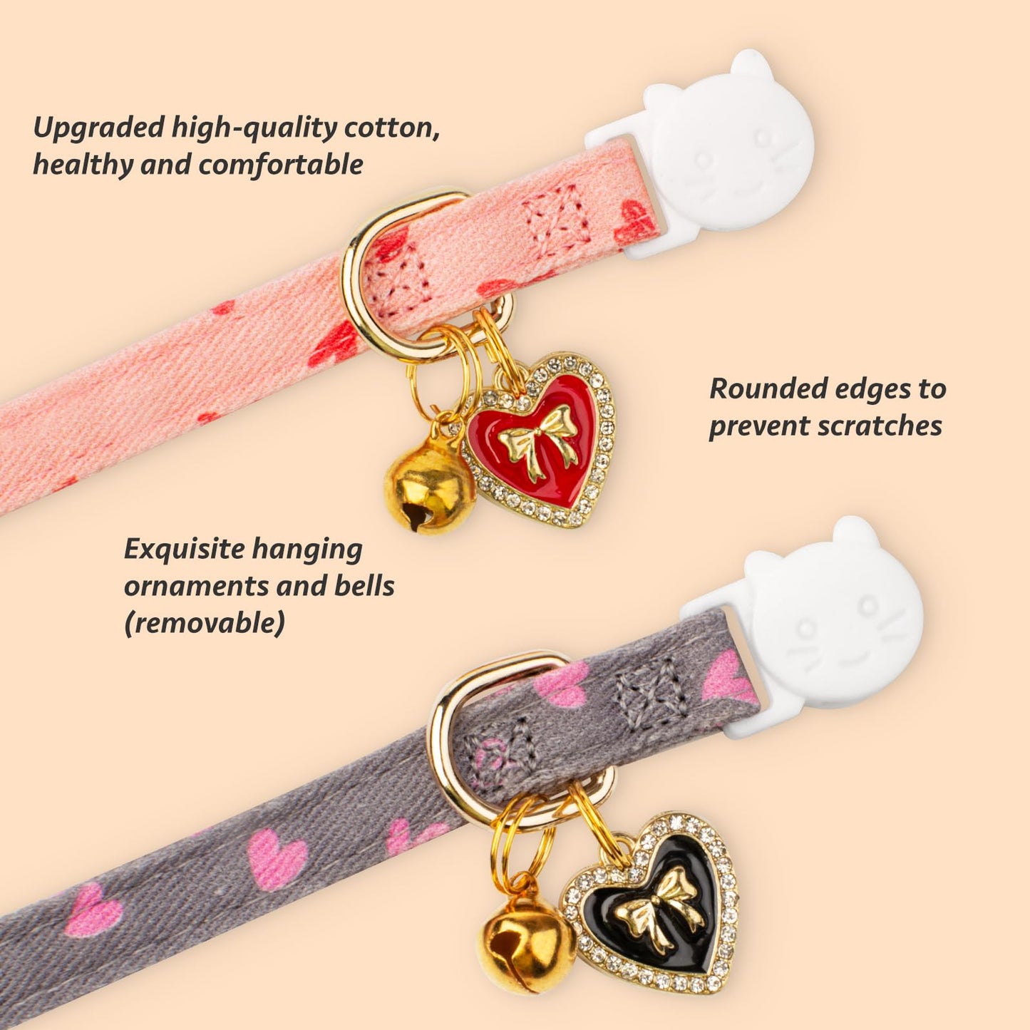 2 Pack Cotton Breakaway Cat Collar Pink Strawberries and White Heart Shaped Pendant Cute Kitten Cat Collar with Bell
