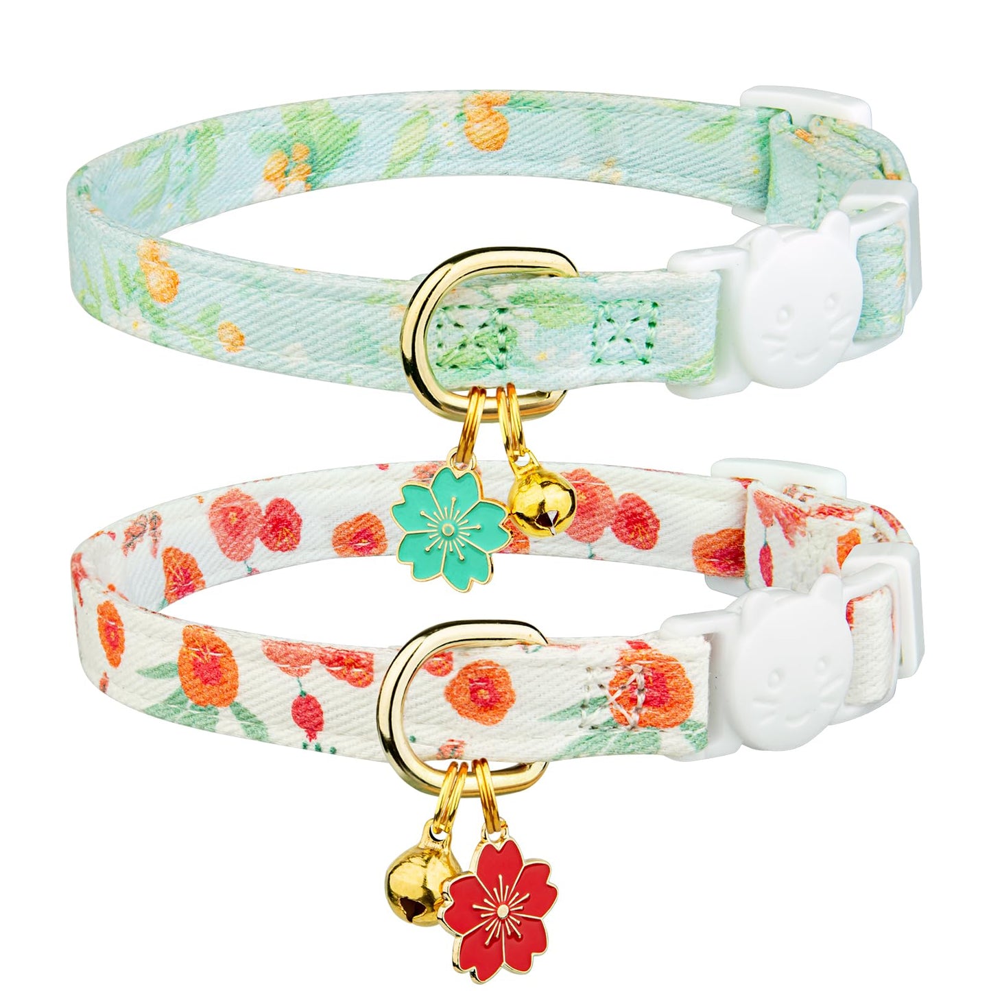 2 Pack Cotton Breakaway Cat Collar Pink Strawberries and White Heart Shaped Pendant Cute Kitten Cat Collar with Bell
