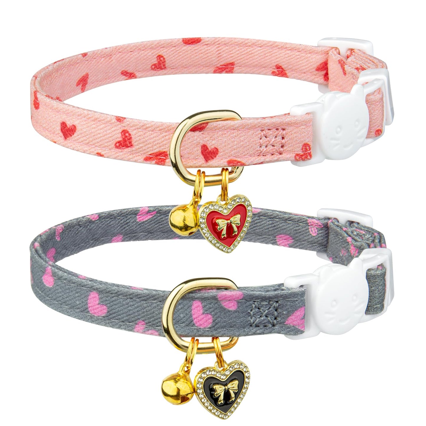 2 Pack Cotton Breakaway Cat Collar Pink Strawberries and White Heart Shaped Pendant Cute Kitten Cat Collar with Bell