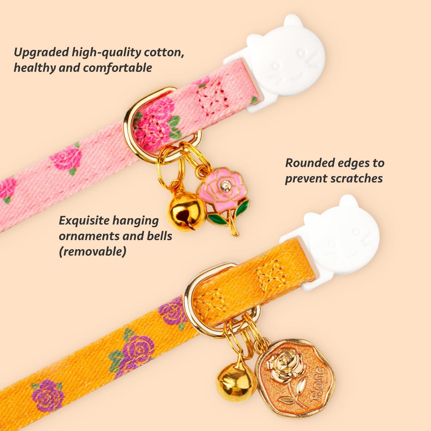 2 Pack Cotton Breakaway Cat Collar Pink Strawberries and White Heart Shaped Pendant Cute Kitten Cat Collar with Bell