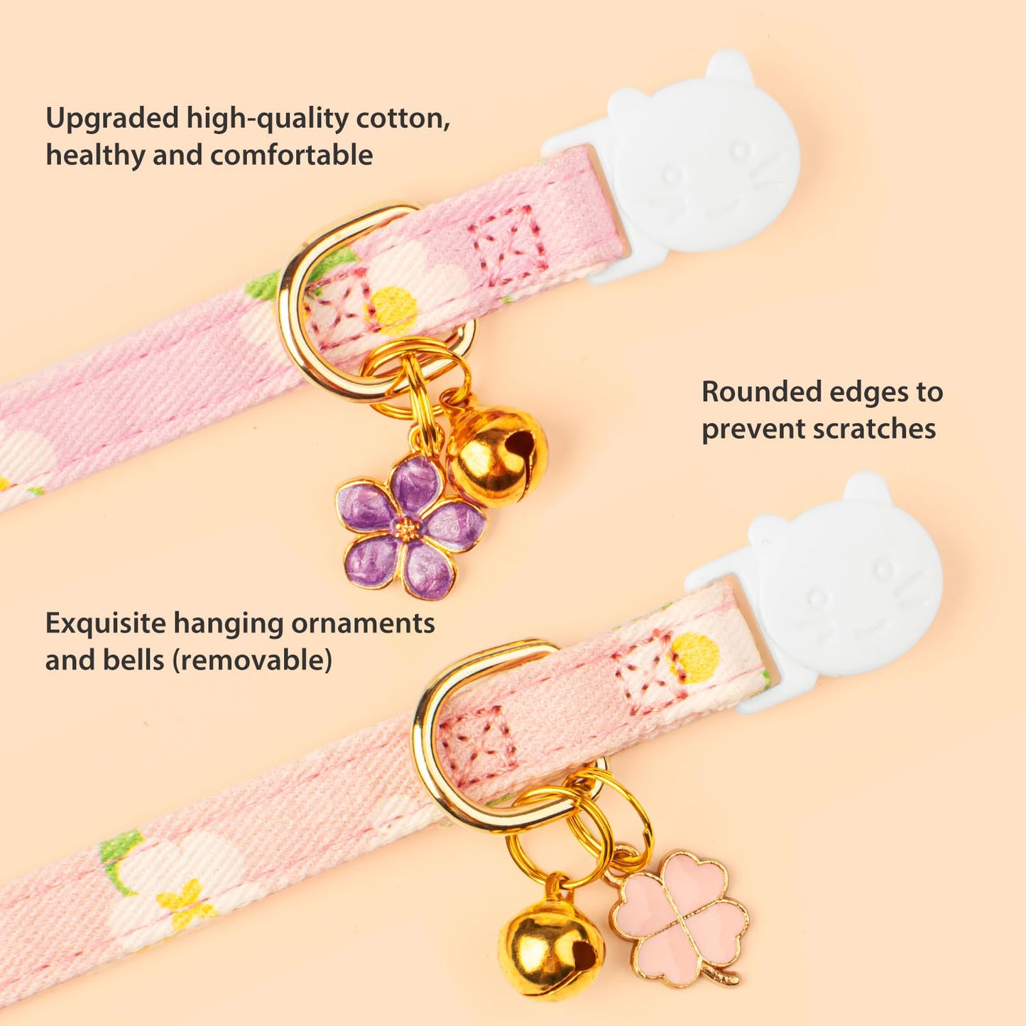 2 Pack Cotton Breakaway Cat Collar Pink Strawberries and White Heart Shaped Pendant Cute Kitten Cat Collar with Bell