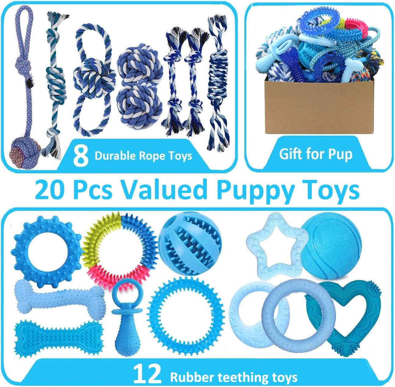 Beiker 20 Pack Puppy Chew Toys - Blue Dog Teething Toys for Puppies, Puppy Teething Rings and Ropes, Rubber Toy Bundle for Small Dogs, Cute Interactive Dog Balls for Small Breed