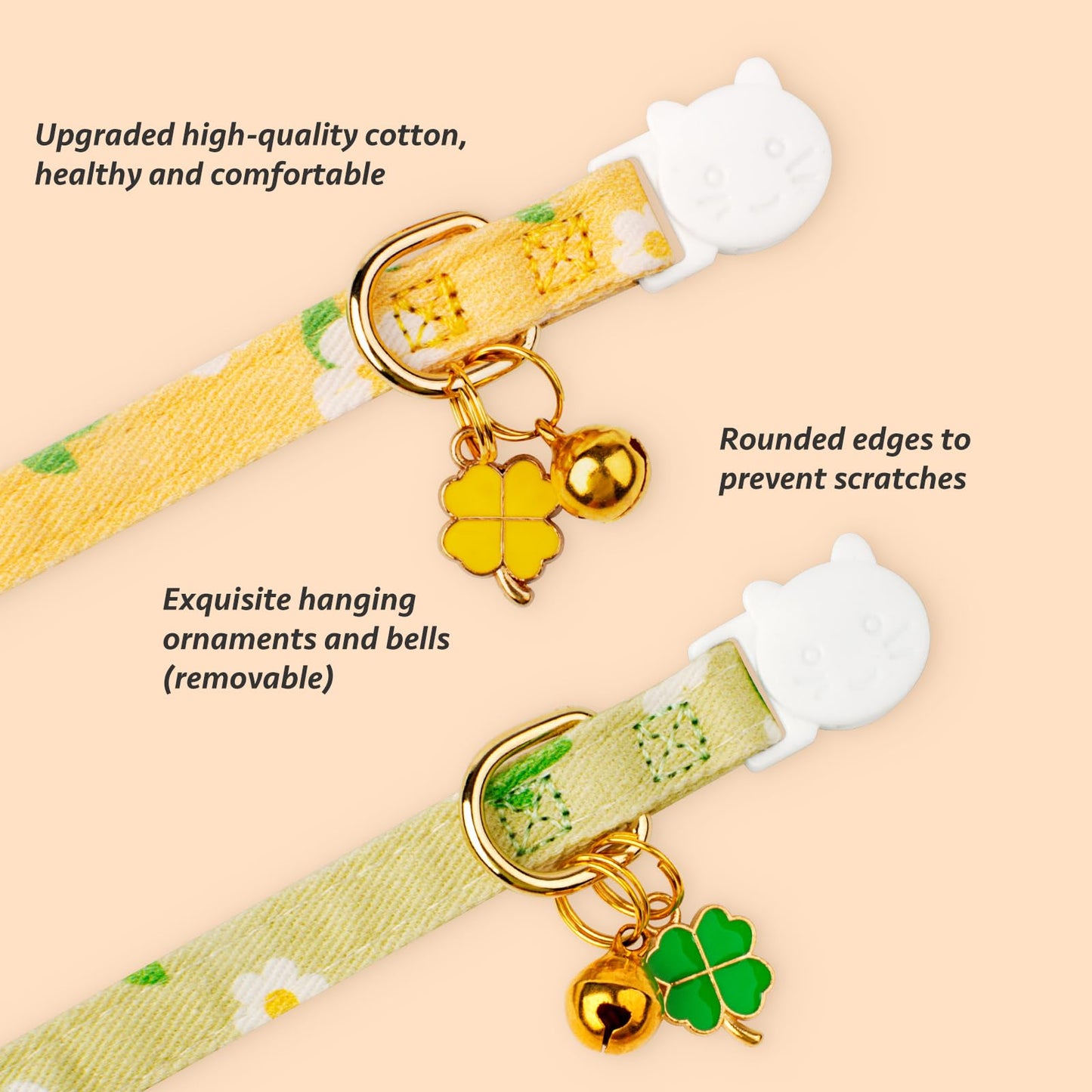 2 Pack Cotton Breakaway Cat Collar Pink Strawberries and White Heart Shaped Pendant Cute Kitten Cat Collar with Bell