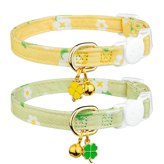 2 Pack Cotton Breakaway Cat Collar Pink Strawberries and White Heart Shaped Pendant Cute Kitten Cat Collar with Bell