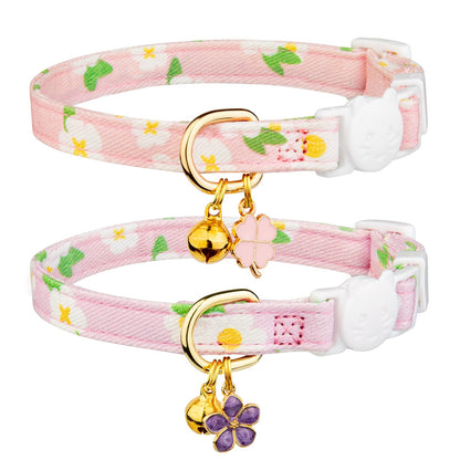 2 Pack Cotton Breakaway Cat Collar Pink Strawberries and White Heart Shaped Pendant Cute Kitten Cat Collar with Bell