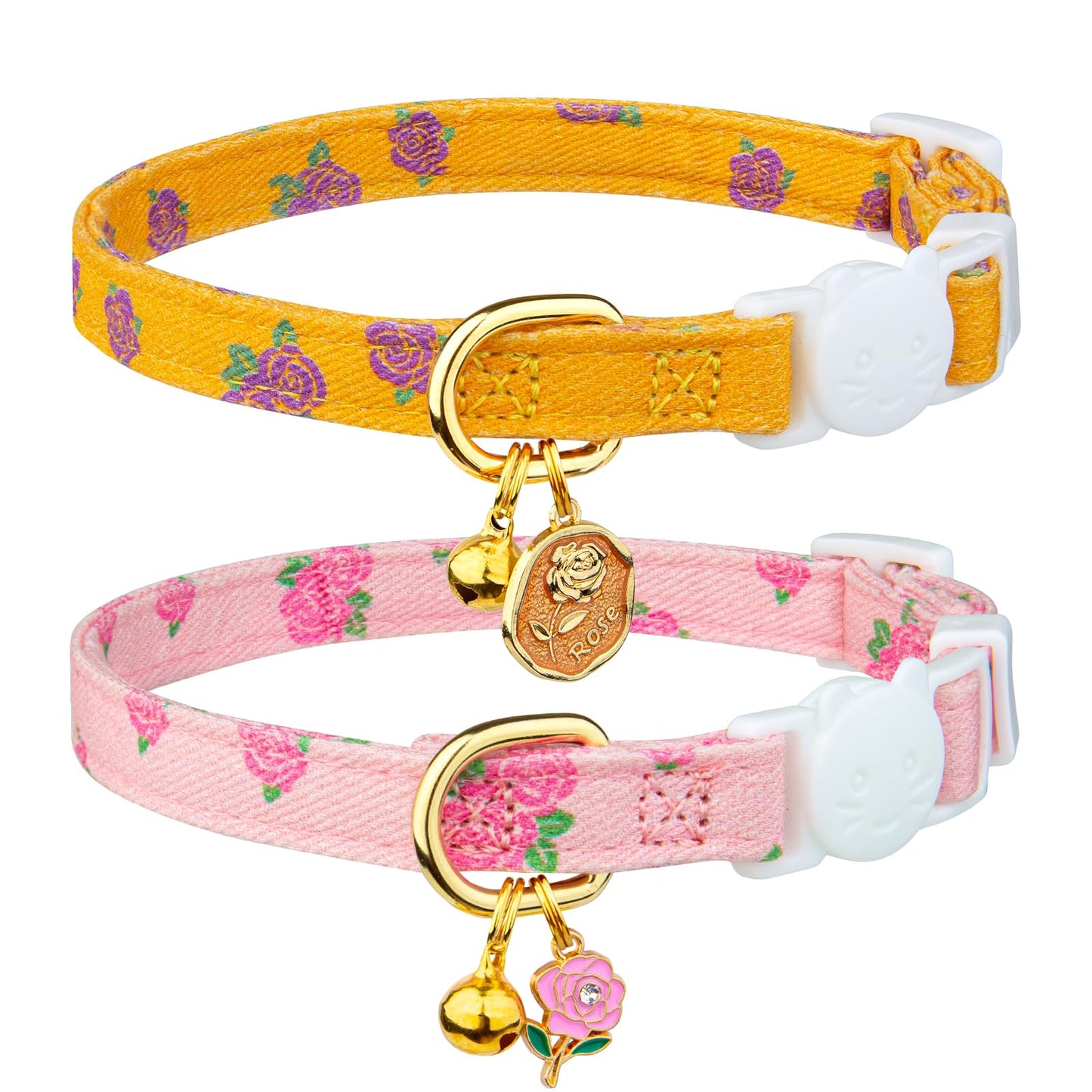 2 Pack Cotton Breakaway Cat Collar Pink Strawberries and White Heart Shaped Pendant Cute Kitten Cat Collar with Bell