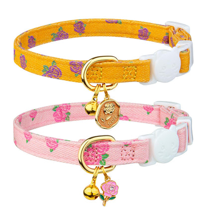 2 Pack Cotton Breakaway Cat Collar Pink Strawberries and White Heart Shaped Pendant Cute Kitten Cat Collar with Bell