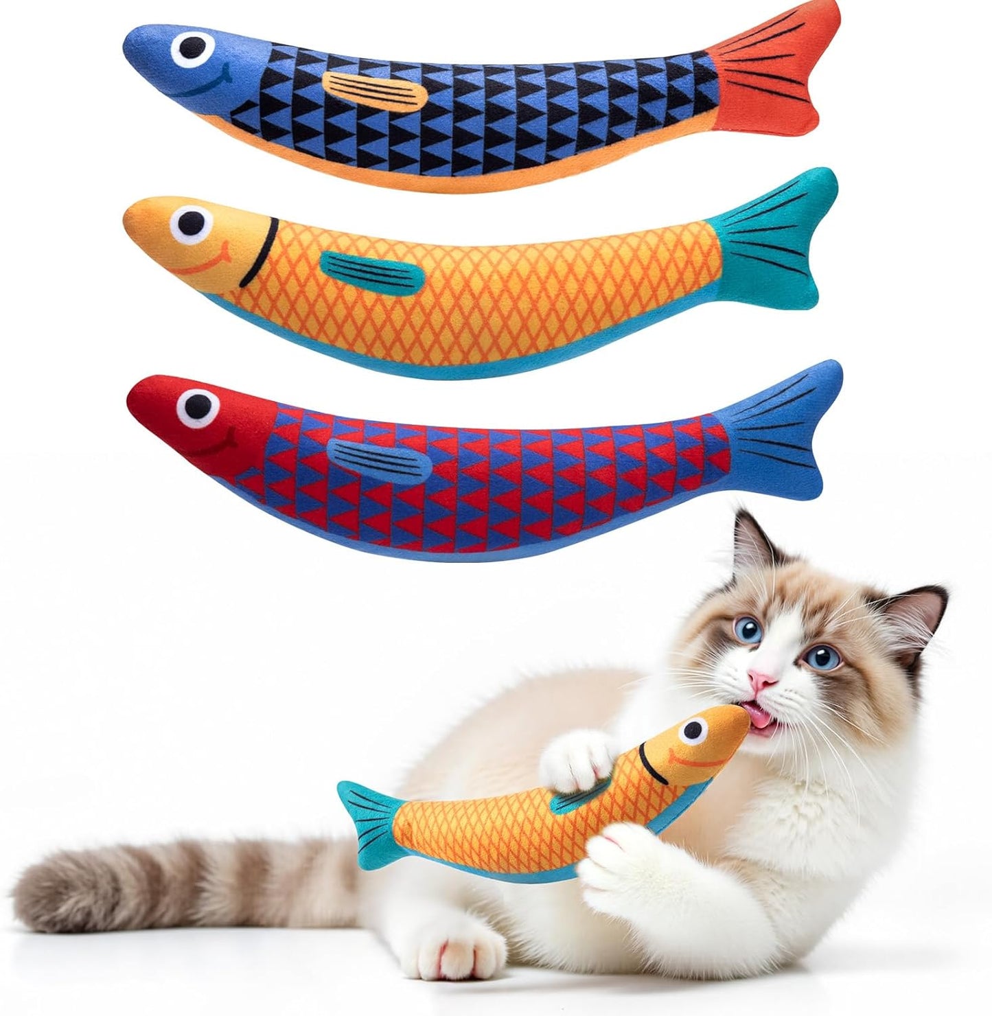 PetBusy Cat Toys with[5000mg A+Natural Catnip &Silvervine] [Baby Grade] Interactive Soft Chew Kicker Cat Toys for Indoor Cats & Kittens, [Crinkle &Bell] Fish Sound Toy, Drives Bored Cat Crazy with Fun