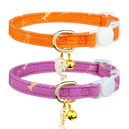 2 Pack Cotton Breakaway Cat Collar Pink Strawberries and White Heart Shaped Pendant Cute Kitten Cat Collar with Bell