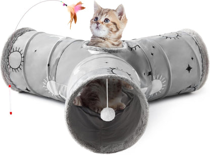 Tempcore Pet Cat Tunnel Tube Cat Toys 3 Way Collapsible, Tunnels for Indoor Cats，Kitty Bored Peek Hole Toy Ball Cat, Puppy, Kitty, Kitten, Rabbit