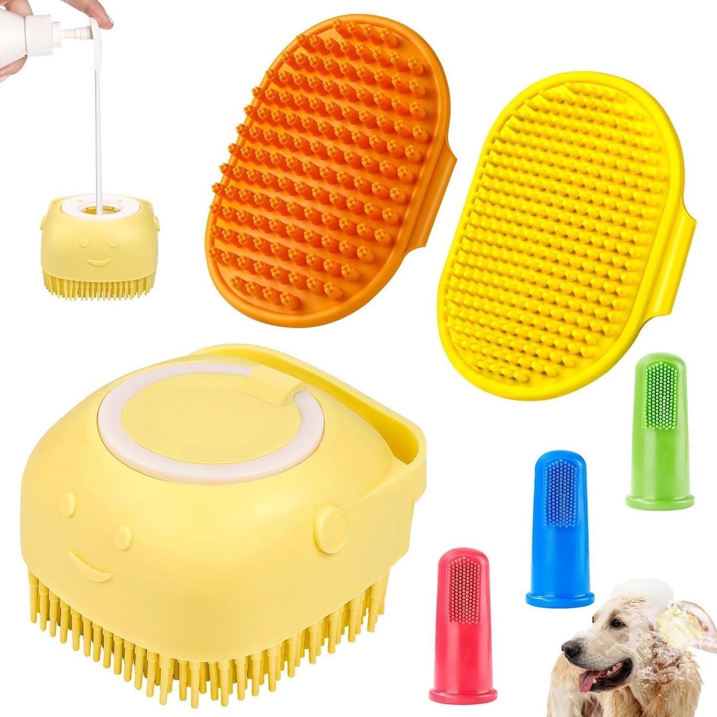 Comotech 6PCS Dog Bath Brush & Dog Toothbrush | Adjustable Handle Shampoo Brush & Scrubber for Short & Long Haired Dogs & Cats | Effectively Solve Odor & Stain Removal Problems (Blue Blue Blue.)