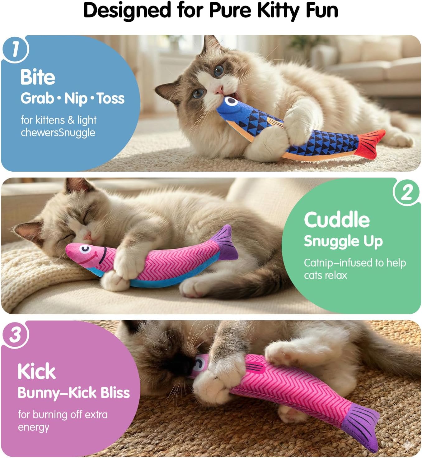 PetBusy Cat Toys with[5000mg A+Natural Catnip &Silvervine] [Baby Grade] Interactive Soft Chew Kicker Cat Toys for Indoor Cats & Kittens, [Crinkle &Bell] Fish Sound Toy, Drives Bored Cat Crazy with Fun