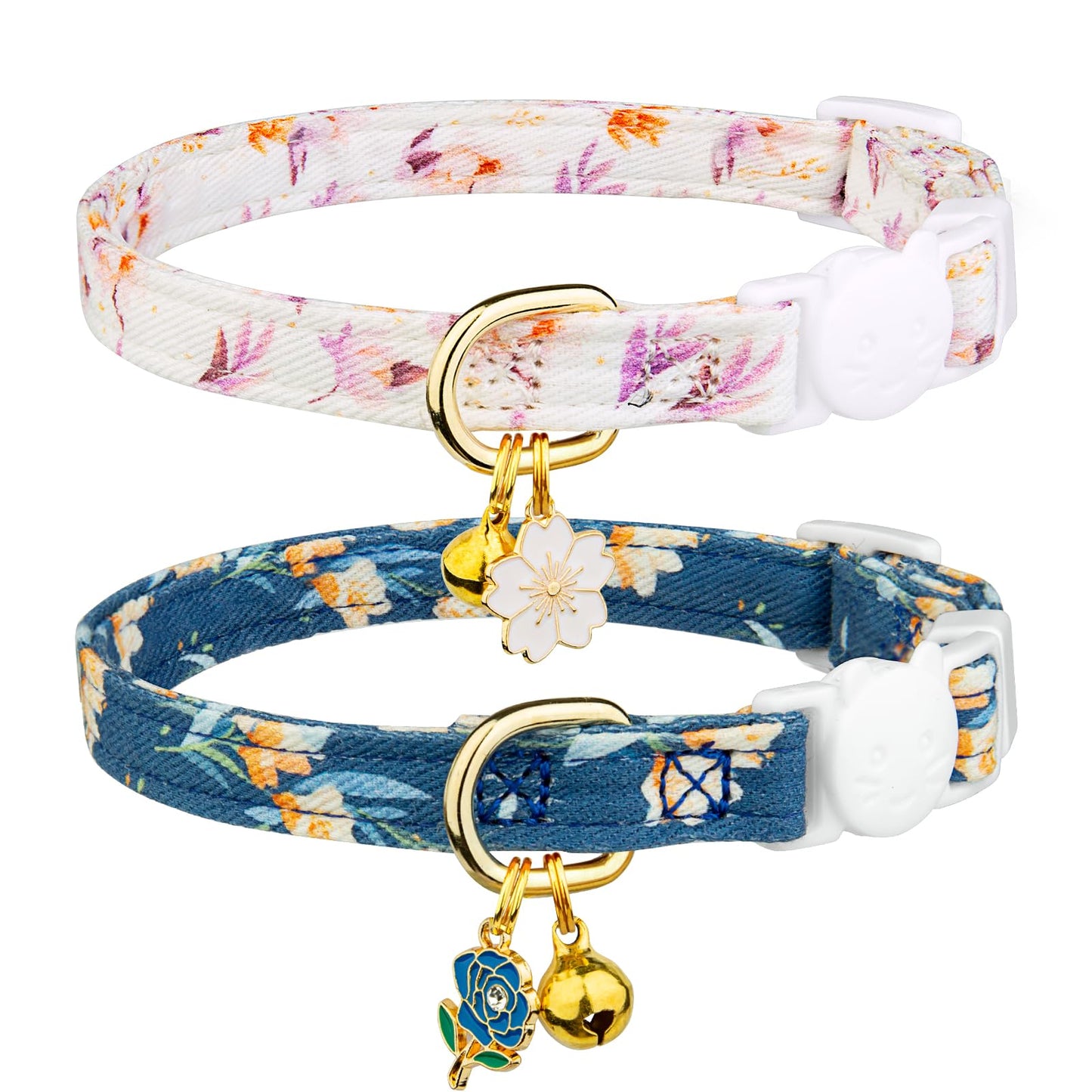 2 Pack Cotton Breakaway Cat Collar Pink Strawberries and White Heart Shaped Pendant Cute Kitten Cat Collar with Bell