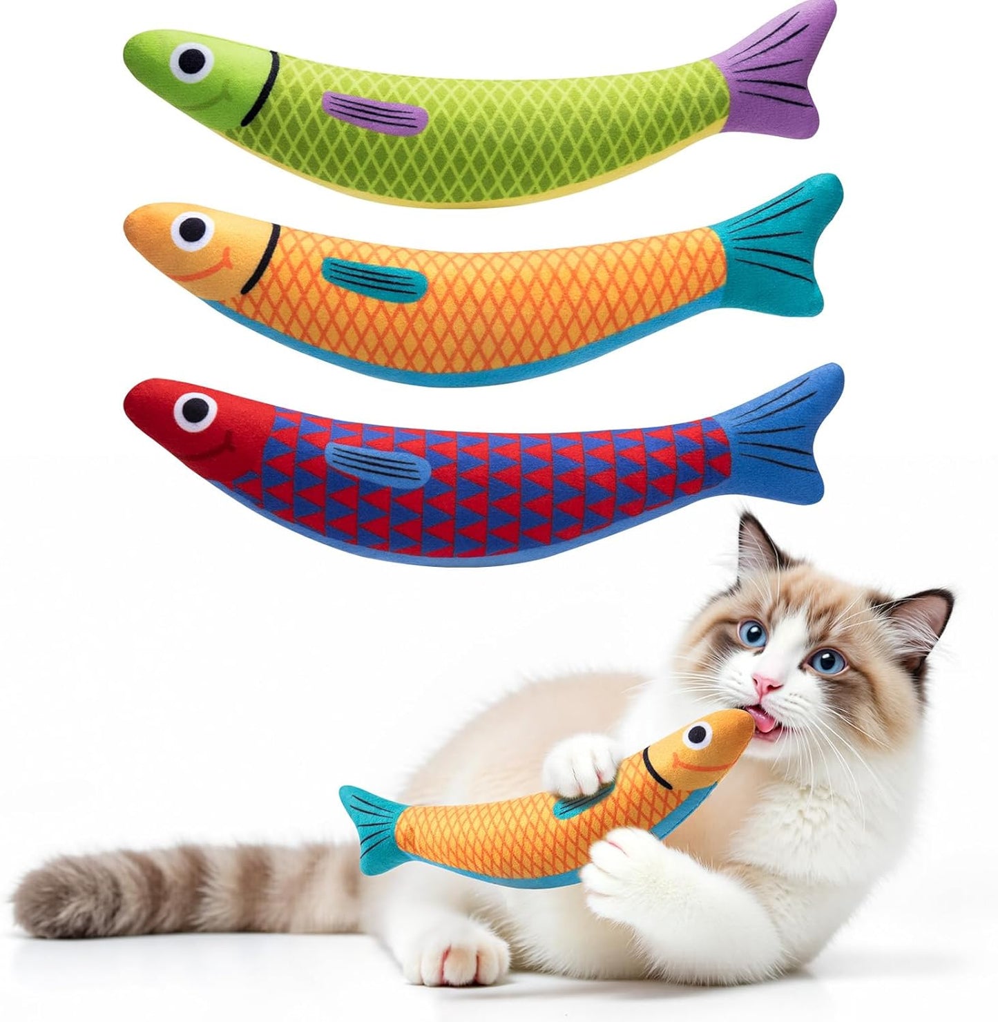 PetBusy Cat Toys with[5000mg A+Natural Catnip &Silvervine] [Baby Grade] Interactive Soft Chew Kicker Cat Toys for Indoor Cats & Kittens, [Crinkle &Bell] Fish Sound Toy, Drives Bored Cat Crazy with Fun