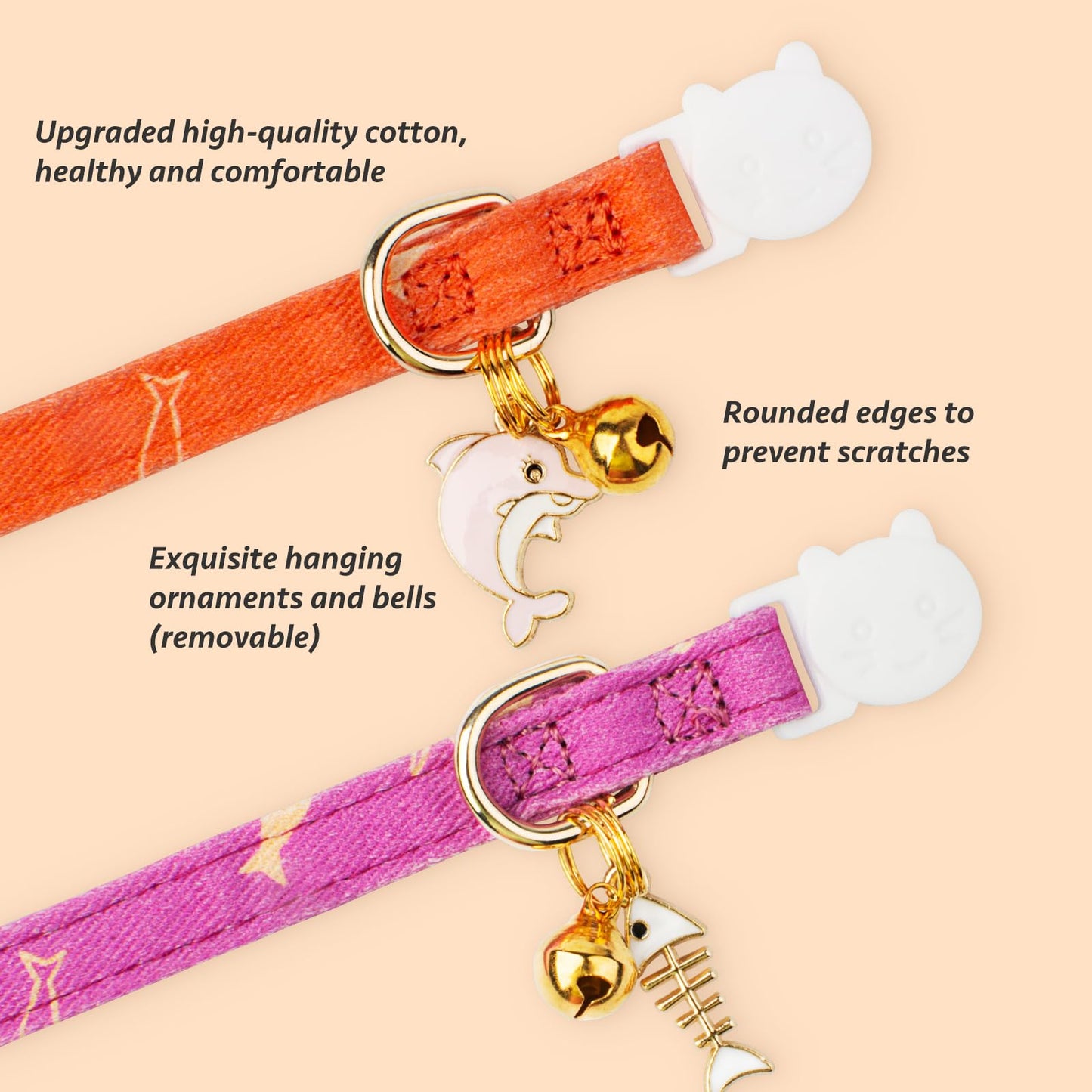 2 Pack Cotton Breakaway Cat Collar Pink Strawberries and White Heart Shaped Pendant Cute Kitten Cat Collar with Bell