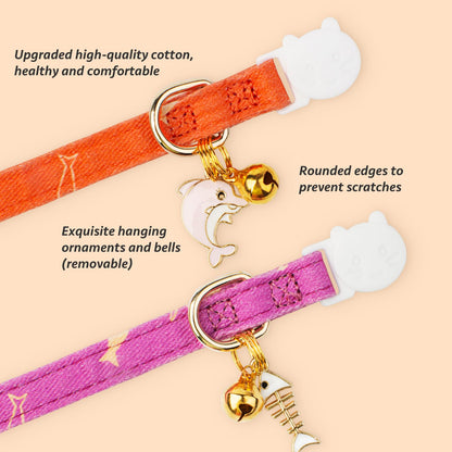 2 Pack Cotton Breakaway Cat Collar Pink Strawberries and White Heart Shaped Pendant Cute Kitten Cat Collar with Bell
