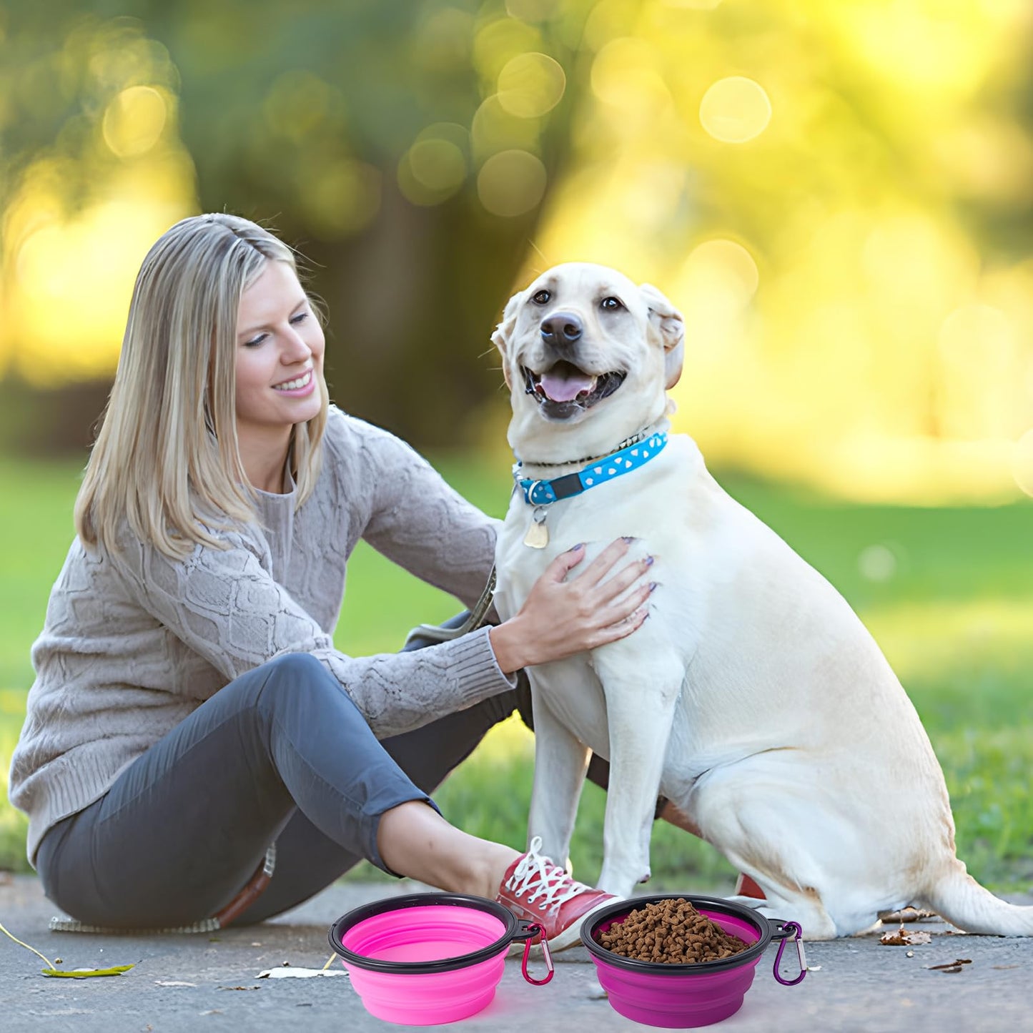 SLSON Collapsible Bowl with Cover Lids,2 Pack Dog Travel Bowls Portable Foldable Cat Water Dish Bowl for Pets Walking Parking Camping (Light Blue and Green, Small)