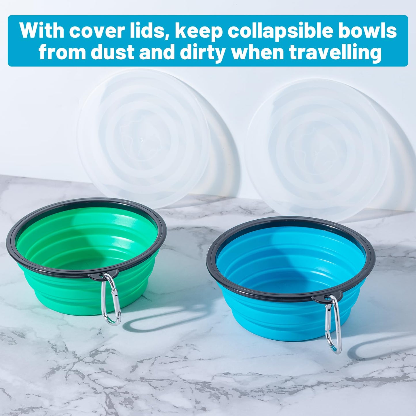 SLSON Collapsible Bowl with Cover Lids,2 Pack Dog Travel Bowls Portable Foldable Cat Water Dish Bowl for Pets Walking Parking Camping (Light Blue and Green, Small)