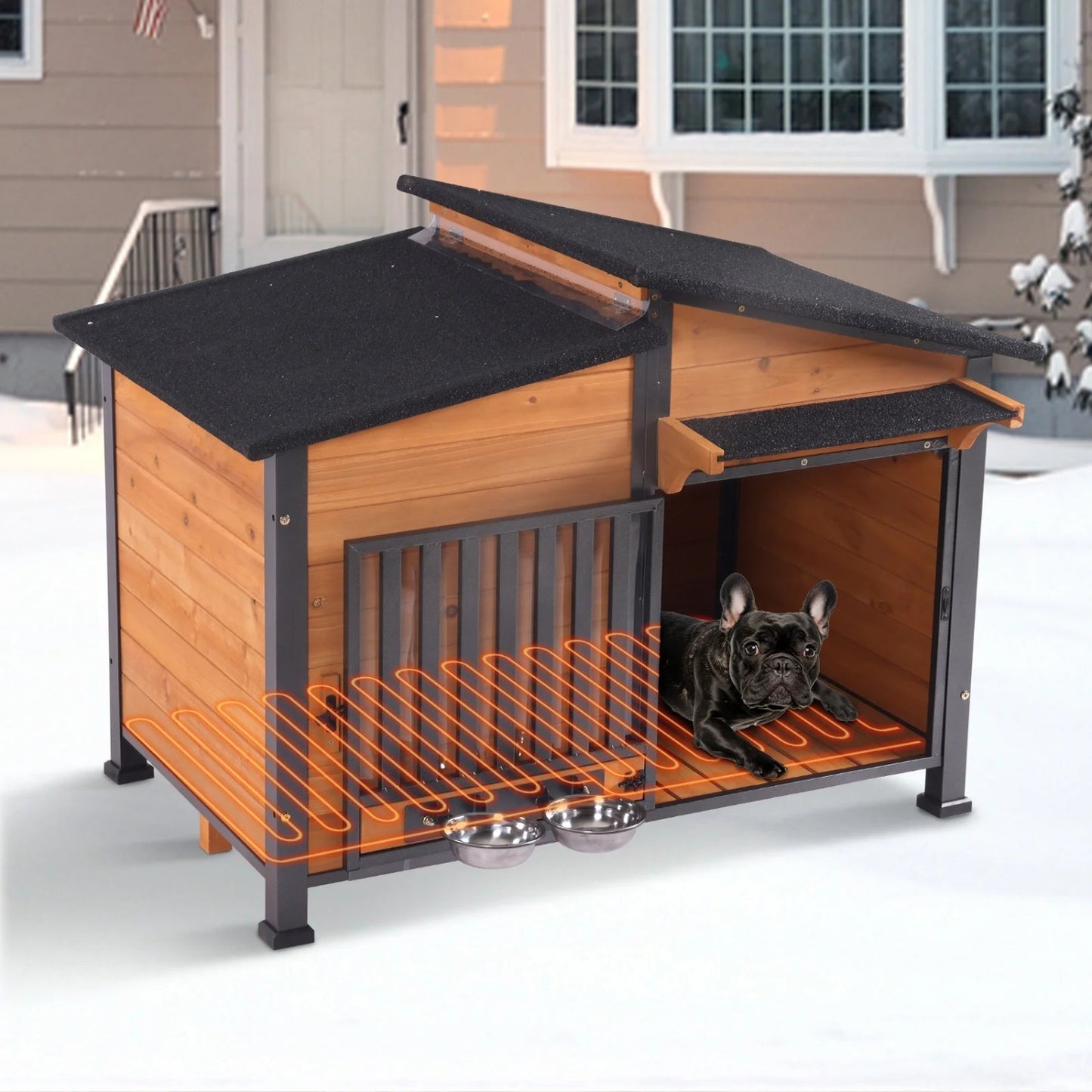 Heated Dog House with Heating Pad & Anti-Chewing Metal Frame, Insulated Wooden Dog Kennel with Unique Design Roof, Weatherproof Dog House for Indoor & Outdoor Use