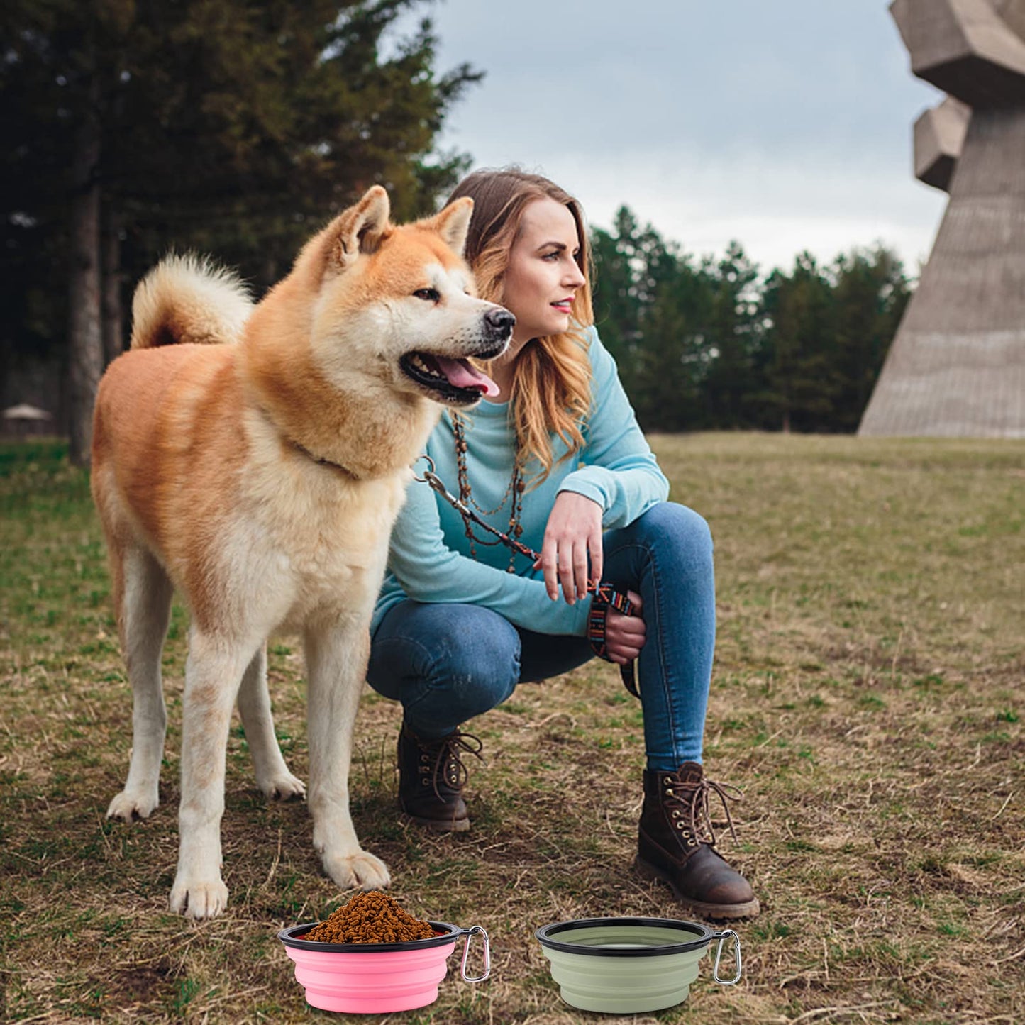 SLSON Collapsible Bowl with Cover Lids,2 Pack Dog Travel Bowls Portable Foldable Cat Water Dish Bowl for Pets Walking Parking Camping (Light Blue and Green, Small)