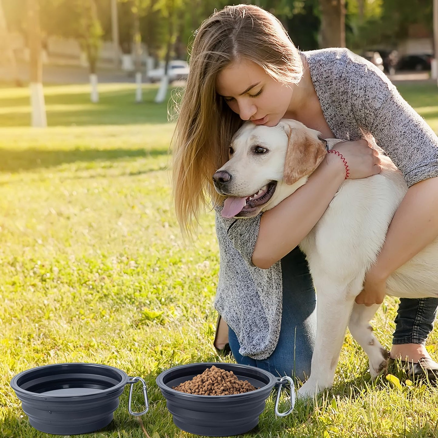 SLSON Collapsible Bowl with Cover Lids,2 Pack Dog Travel Bowls Portable Foldable Cat Water Dish Bowl for Pets Walking Parking Camping (Light Blue and Green, Small)