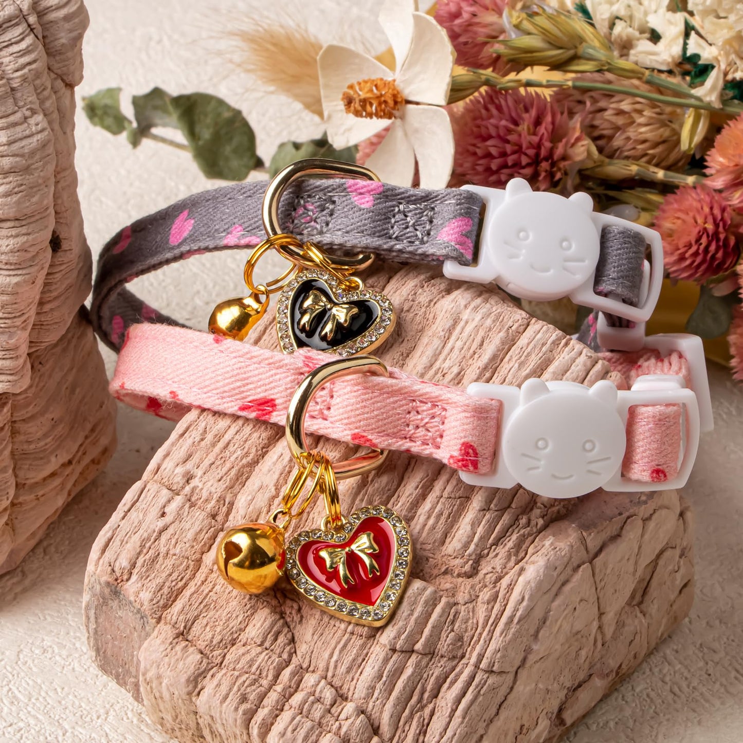 2 Pack Cotton Breakaway Cat Collar Pink Strawberries and White Heart Shaped Pendant Cute Kitten Cat Collar with Bell