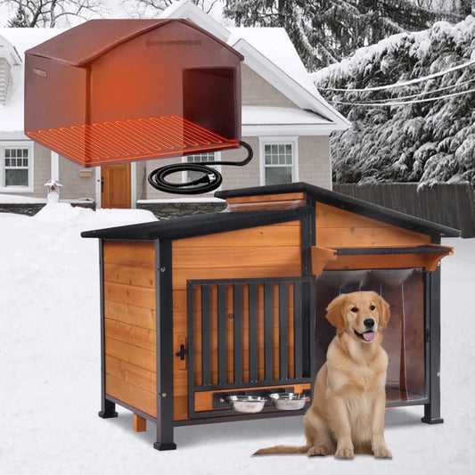 Heated Dog House with Heating Pad & Anti-Chewing Metal Frame, Insulated Wooden Dog Kennel with Unique Design Roof, Weatherproof Dog House for Indoor & Outdoor Use