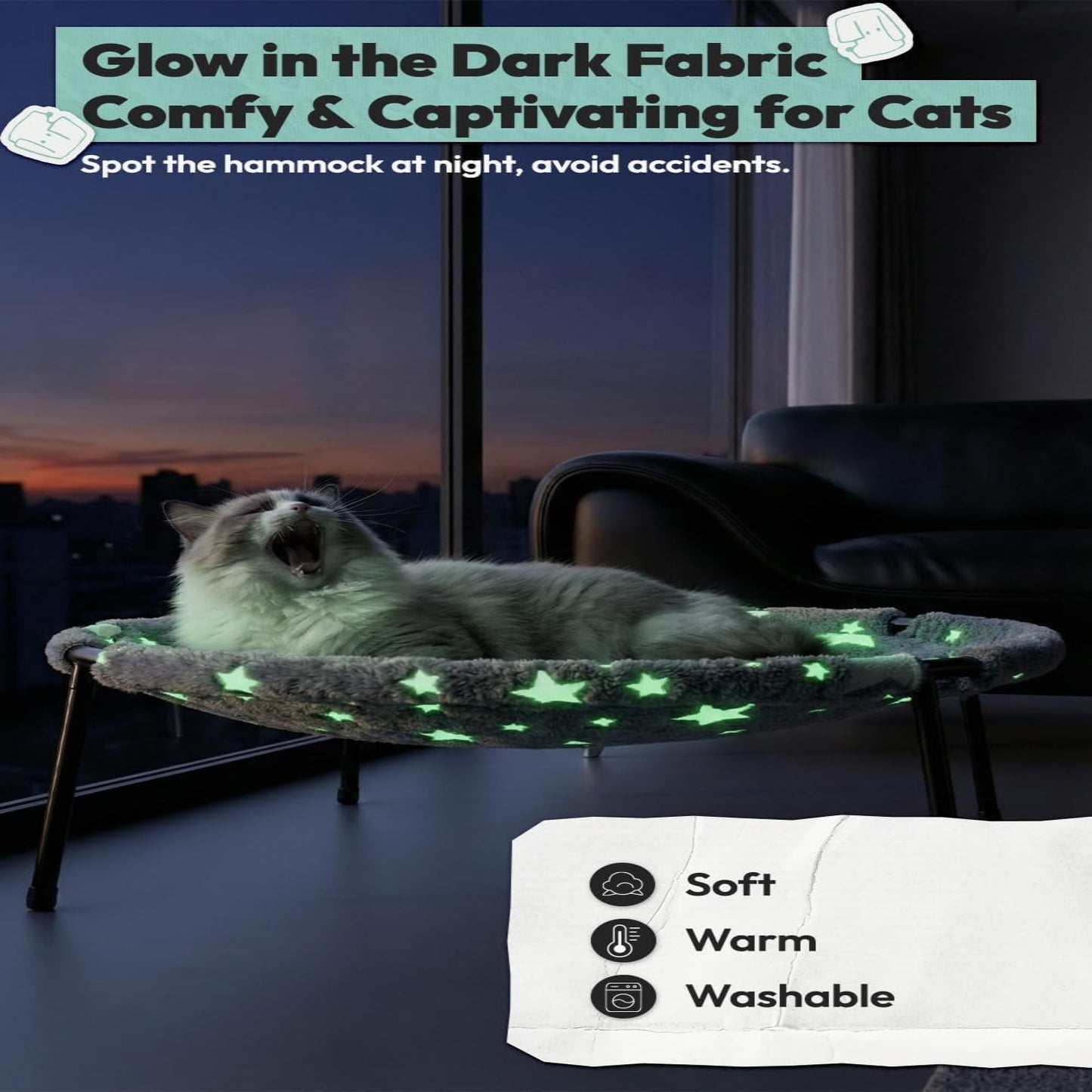 Elevated Cat Bed, Glow-In-The-Dark Fabric Cat Hammock Bed for Large Indoor Cats, Machine Washable & Breathable Cover, Tool Free Easy Assembly, up to 66Lbs (Gray, L)