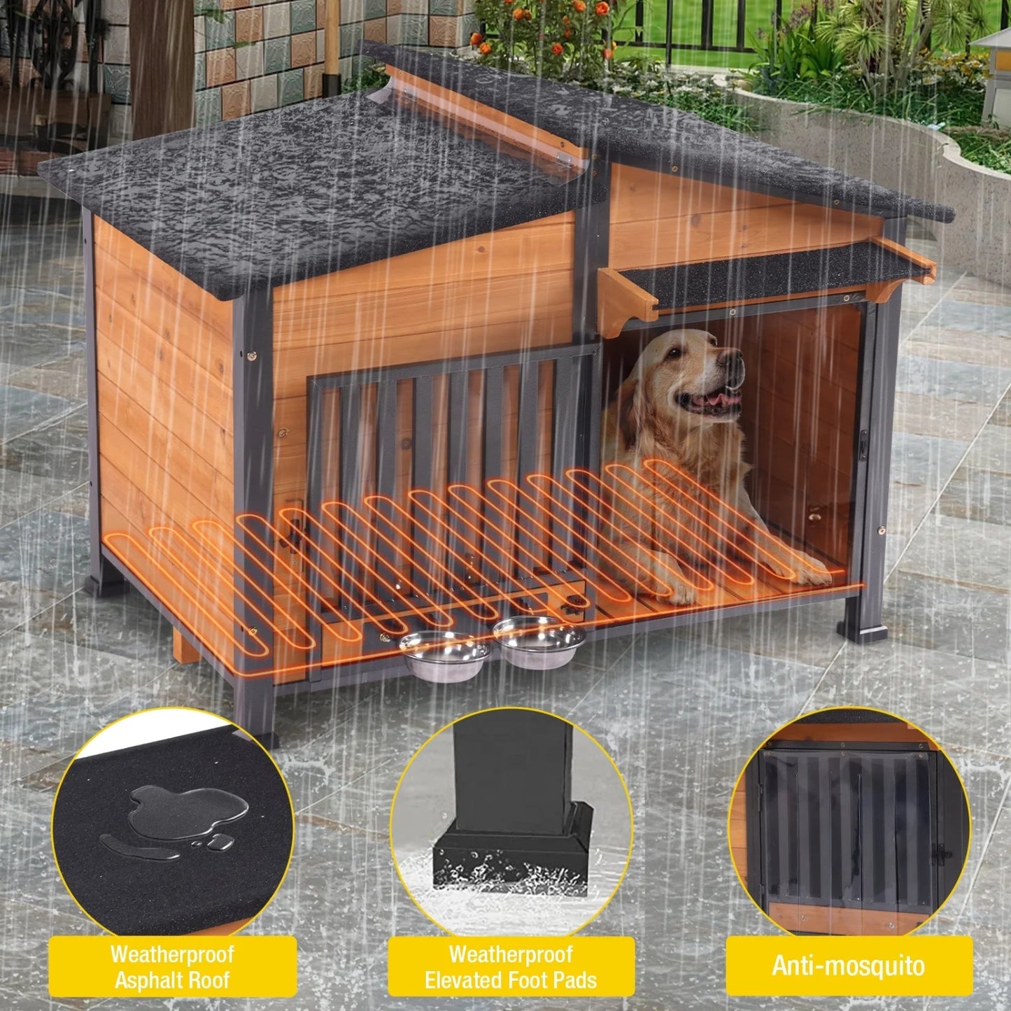 Heated Dog House with Heating Pad & Anti-Chewing Metal Frame, Insulated Wooden Dog Kennel with Unique Design Roof, Weatherproof Dog House for Indoor & Outdoor Use